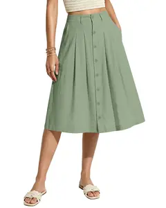 luvamia Linen Skirts for Women Midi Pleated Elastic High Waisted Casual Button Down A Line Flowy Summer Skirt with Pockets