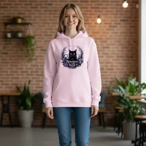 Rebellious and Feral Hoodie – Gothic Black Cat Moon Hoodie – Witchy Aesthetic Pullover with Purple Roses & Lunar Vibes