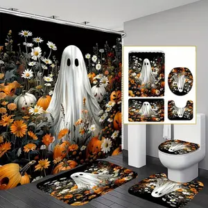 4pcs Halloween flower sea ghost design, exquisite shower curtain set, non-slip floor mat, U-shaped carpet, toilet lid cover, perfect for bathroom decoration, partition, beautify space, free 12 shower curtain hooks