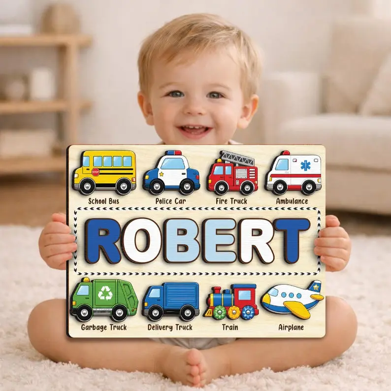 Custom Transportation Puzzle with Cars,Vehicle Name Puzzle Board,Montessori Toy for Baby Boys,Newborn Gift,Toddlers Gift,Baby Room Decor