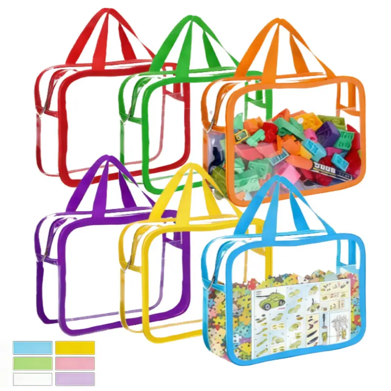 Clear Toy Storage Bags for Kids (Pack of 6) – Large PVC Zipper Organizer for Puzzles, Building Blocks, Board Games, Books & Travel(Multicolor)