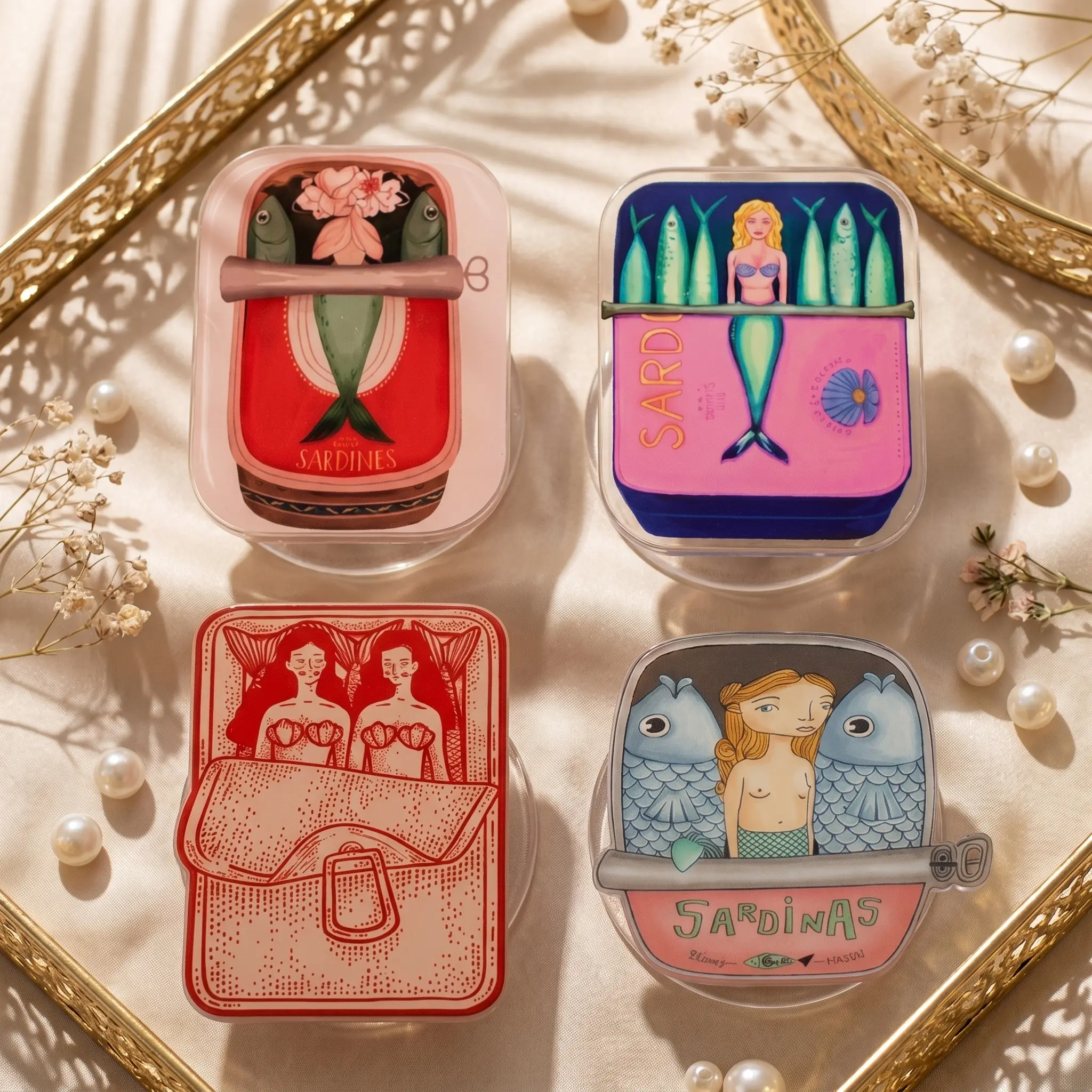 Mermaid Tinned Fish Magnetic Acrylic Phone Grip, Sardine Can Summer Phone Holder, Preppy Ocean Style Accessory