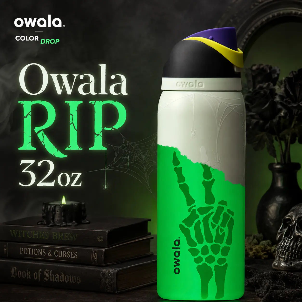 Halloween Glow Water Bottle | Owala RIP 32oz FreeSip Glow in the Dark Insulated Stainless Steel Bottle for Halloween Parties, Haunted Nights, Trick or Treat & Travel