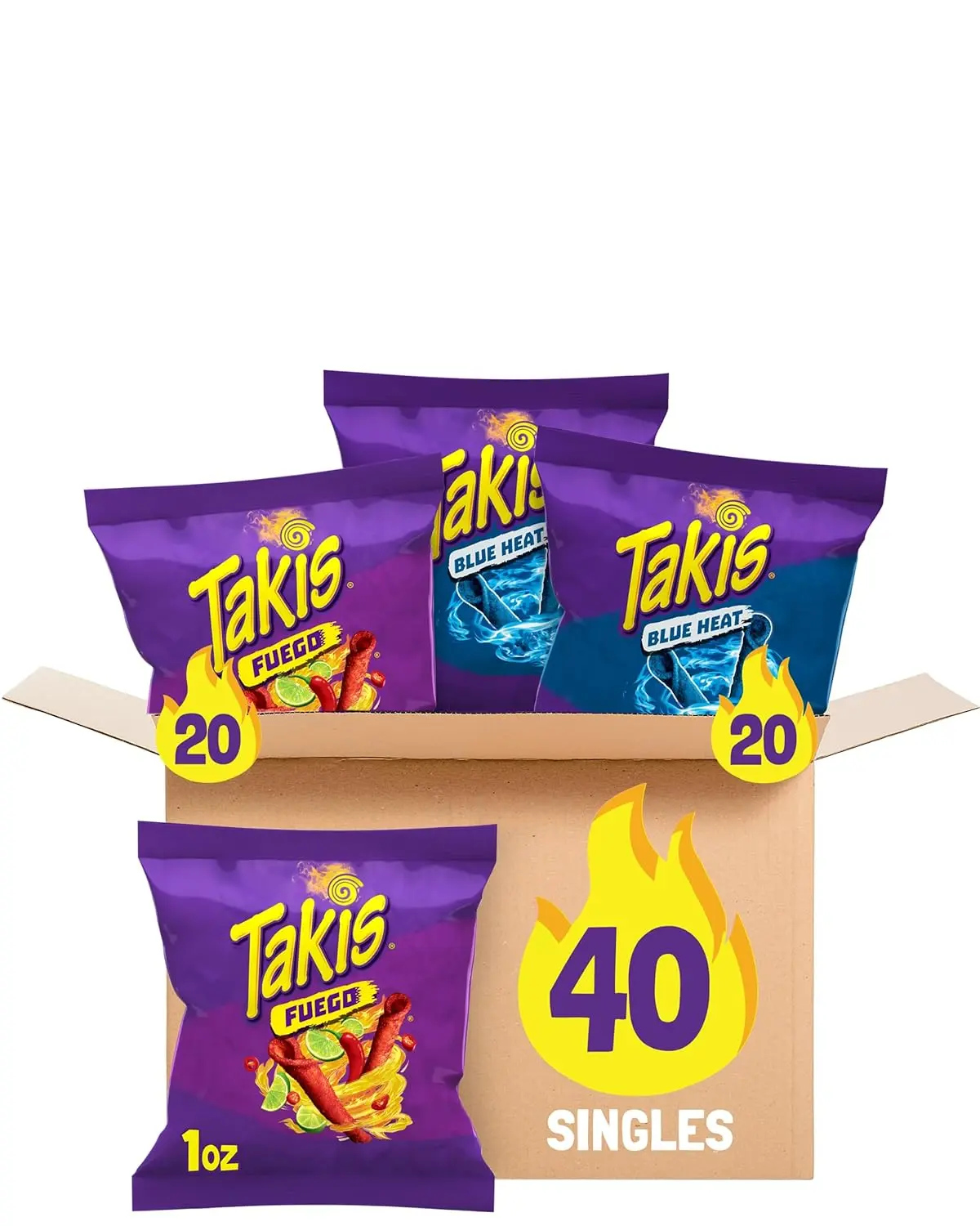Takis Crispy Spicy Rolled Tortilla Chips - 40-Piece 1 oz Assorted Pack, 20 Fuego, 20 Blue Heat Flavors, Ideal Snack for Cupboard Storage, Tailgates