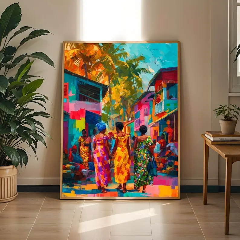 African Market Street Scene Art Print, Afrocentric Wall Decor Poster, Vibrant Black Cultural Artwork, African American Home Decor, Unframed Print
