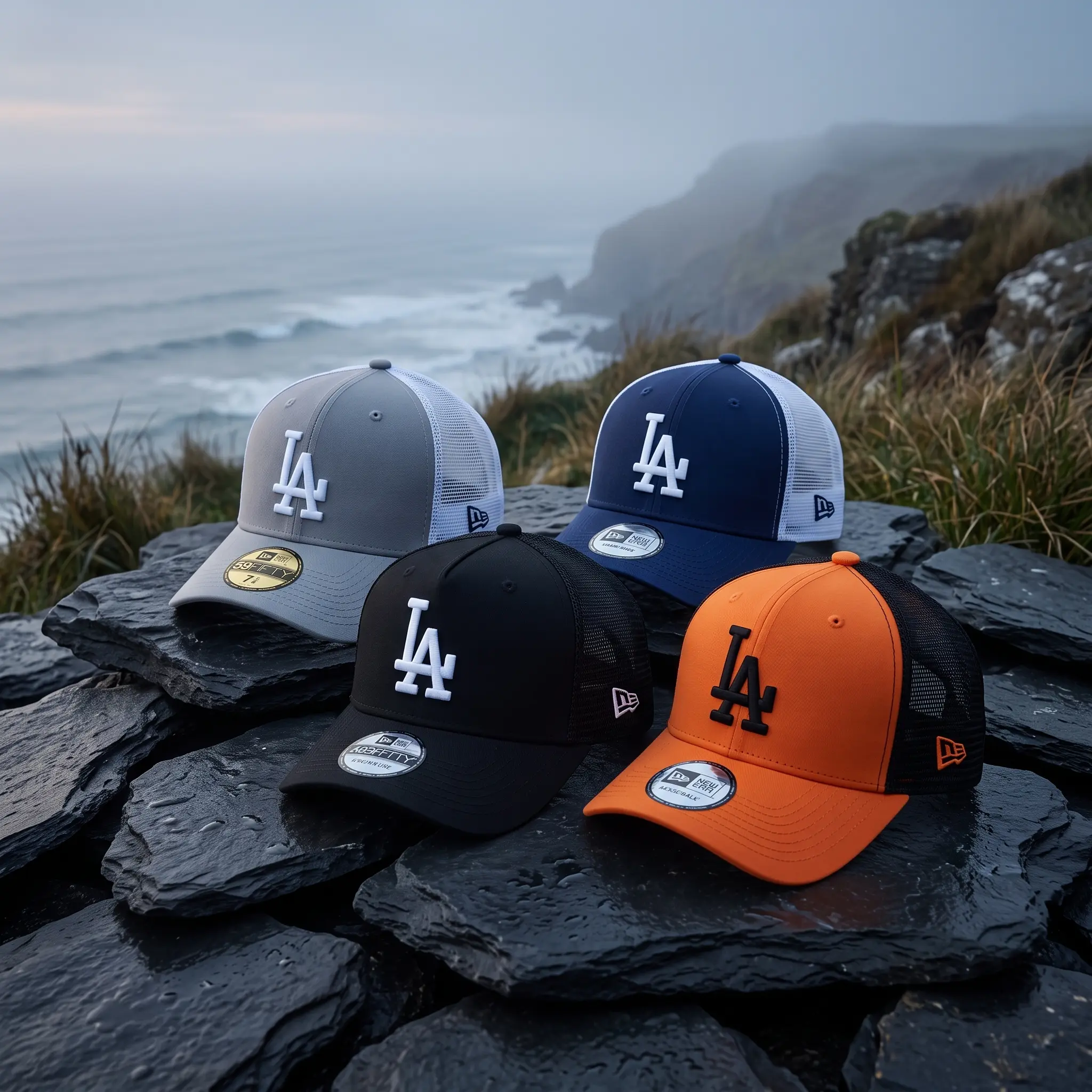 Los Angeles Dodgers MLB Mesh Trucker Hat Misty Coastal Slate Display | Curved Brim Adjustable Snapback Cap | MLB Baseball Fan Gear Streetwear Apparel