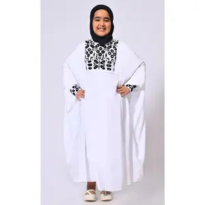 Girls White Kaftan Abaya with Mirror Work Embroidery and Inside Belt