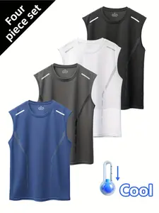 [Men's Sleeveless T-Shirt] 4pcs Set Summer Ice Sliky Fiber Fabric Men's Sleeveless T-Shirt Sports Quick-Dry Vest New Breathable Stretch Tank Top