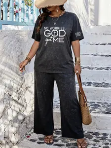 Plus Size Curvy Figure Washed Vintage Style Outfit for Women with Fuller Figures, Random Print Short Sleeve T-shirt & Wide Leg Pants, Casual Plus Size Women's Two-piece Set