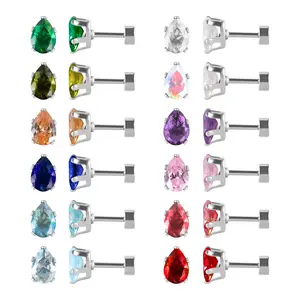 12 Pairs 18K Gold Plated Surgical Stainless Steel Stud Earrings, Flat Back Screw Teardrop CZ Brithstone Cartilage Helix Earrings Set for Women Girls