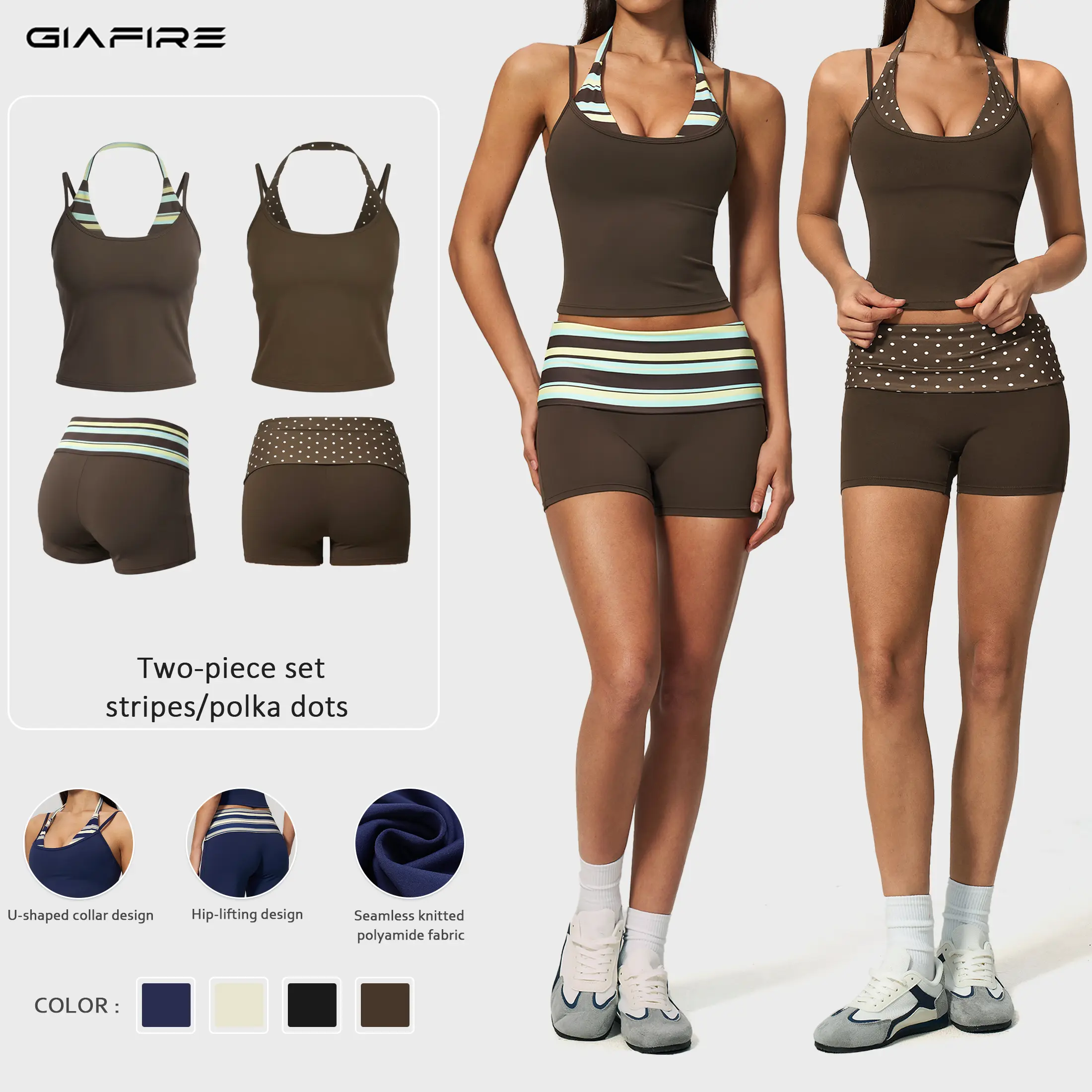 GIAFIRE Women's 2-Piece Casual Yoga Set Ultra-stretchy, breathable and comfy activewear, with halter spliced striped/polka dot tank top and high-waisted hip-lifting shorts. Great for Pilates, gym workouts and everyday outfits.