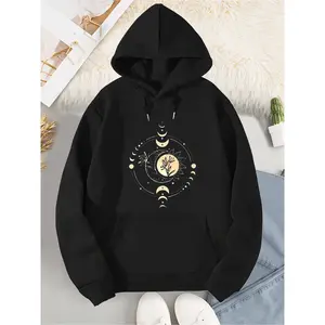 Women's Mystical Moon and Sun Flower Hoodie Vintage Wildflower Long Sleeve Boho Graphic Hooded Celestial Moon Hoodie Hippie Style Loose Fit