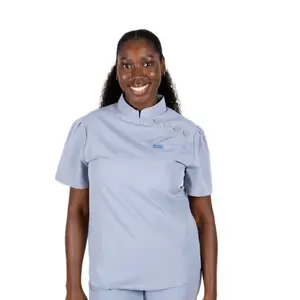 Lenine Mandarin Collar Scrub Top - Grey -  Short Sleeve Blouse for Women - Comfortable Basic Design - Minimalist, Womenswear, Shirts, Shortsleeve