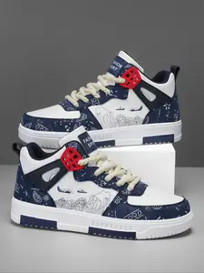 Men's Trendy Patchwork Letter High-Top Sneakers, Fashion Colorblock Graffiti Random Print Wave Cloud Casual Sports Running Shoes, Trendy Walking Sneakers