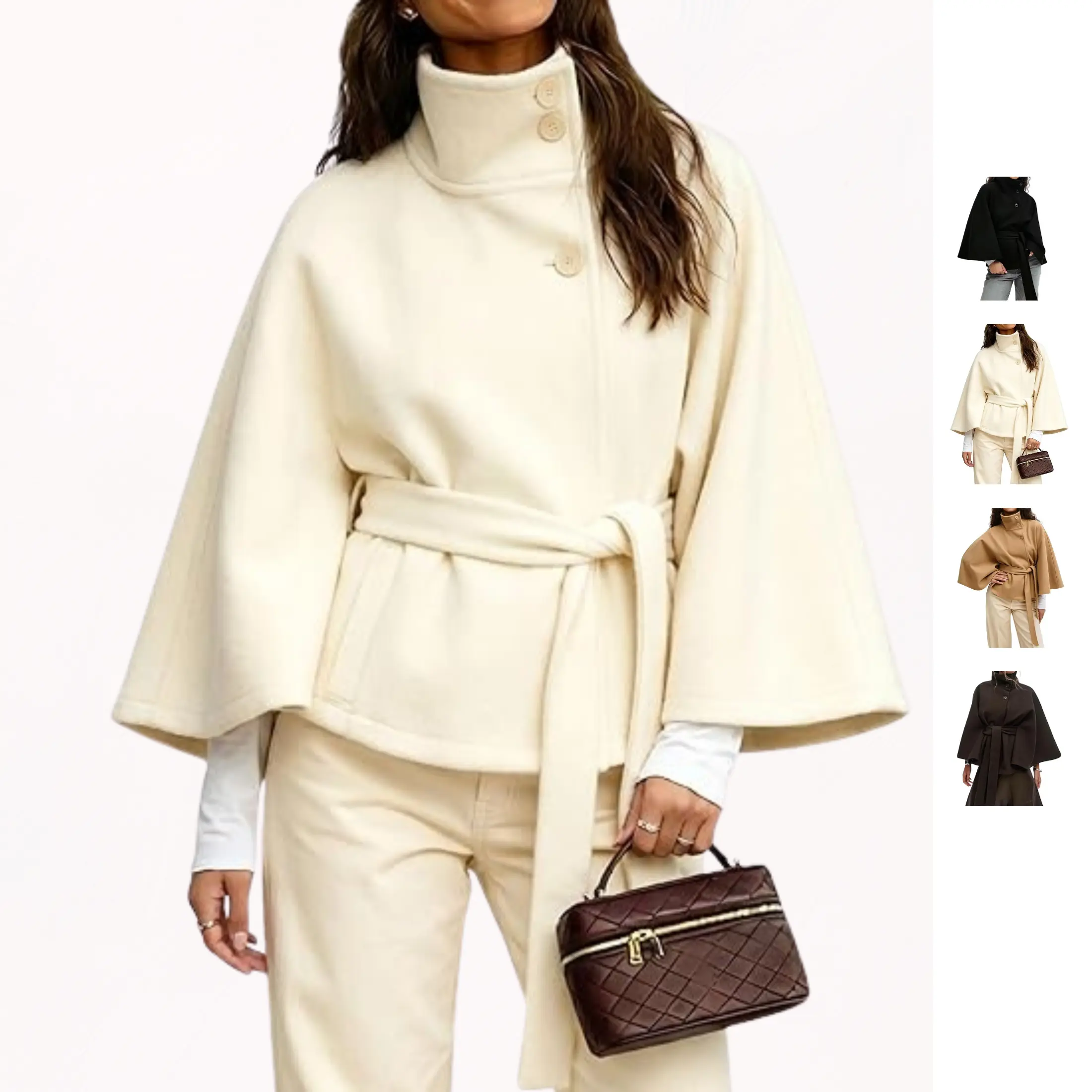 Mibbory Women's Wool Blend Belted Oversized Poncho Pea Coat, 2026 Fall Winter Fashion, High Neck, Batwing Sleeve, Cropped Cape Jacket, Tops Outerwear, Casual Elegant, Belted Waist, Hand Wash Cold