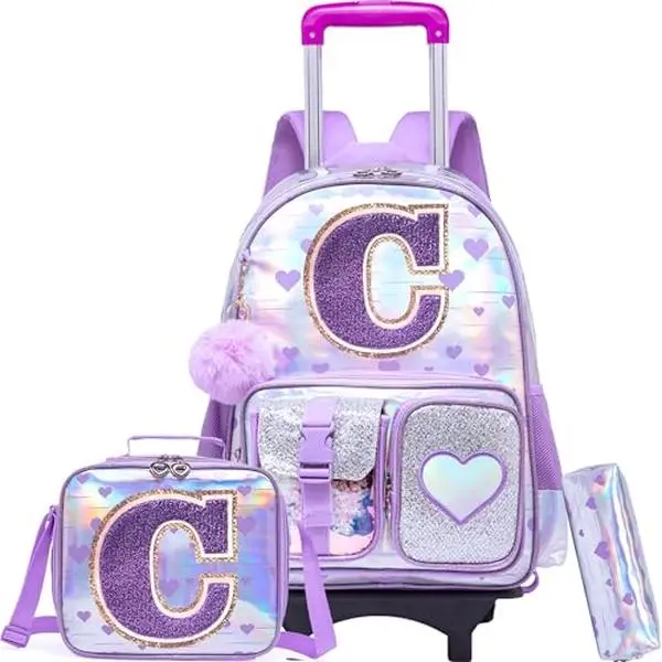 Glitter Letter C Holographic 2-in-1 Rolling Backpack Set for Elementary School Girls, Wheeled Bag with Matching Insulated Lunch Bag, Pencil Case & Adjustable Telescopic Handle