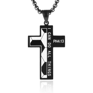 Stainless Steel Soccer Cross Necklace for  Necklace for Men PH 4:13 I CAN DO  THINGS