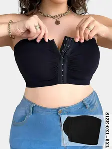 Plus Size Front Closure Wireless Bra, Comfortable Breathable Underwireless Bandeau Sports Bra, Full Coverage Slimming Design, Workout Bra, Yoga Bra, Wireless Sports Bras