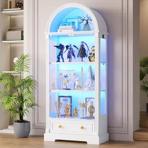 FREDEES Arched Display Cabinet with Glass Doors, 72" Tall Curio Cabinet with Human Sensor Lights, 4-Tier Glass Display Case for Collectibles Bookcase Office, White