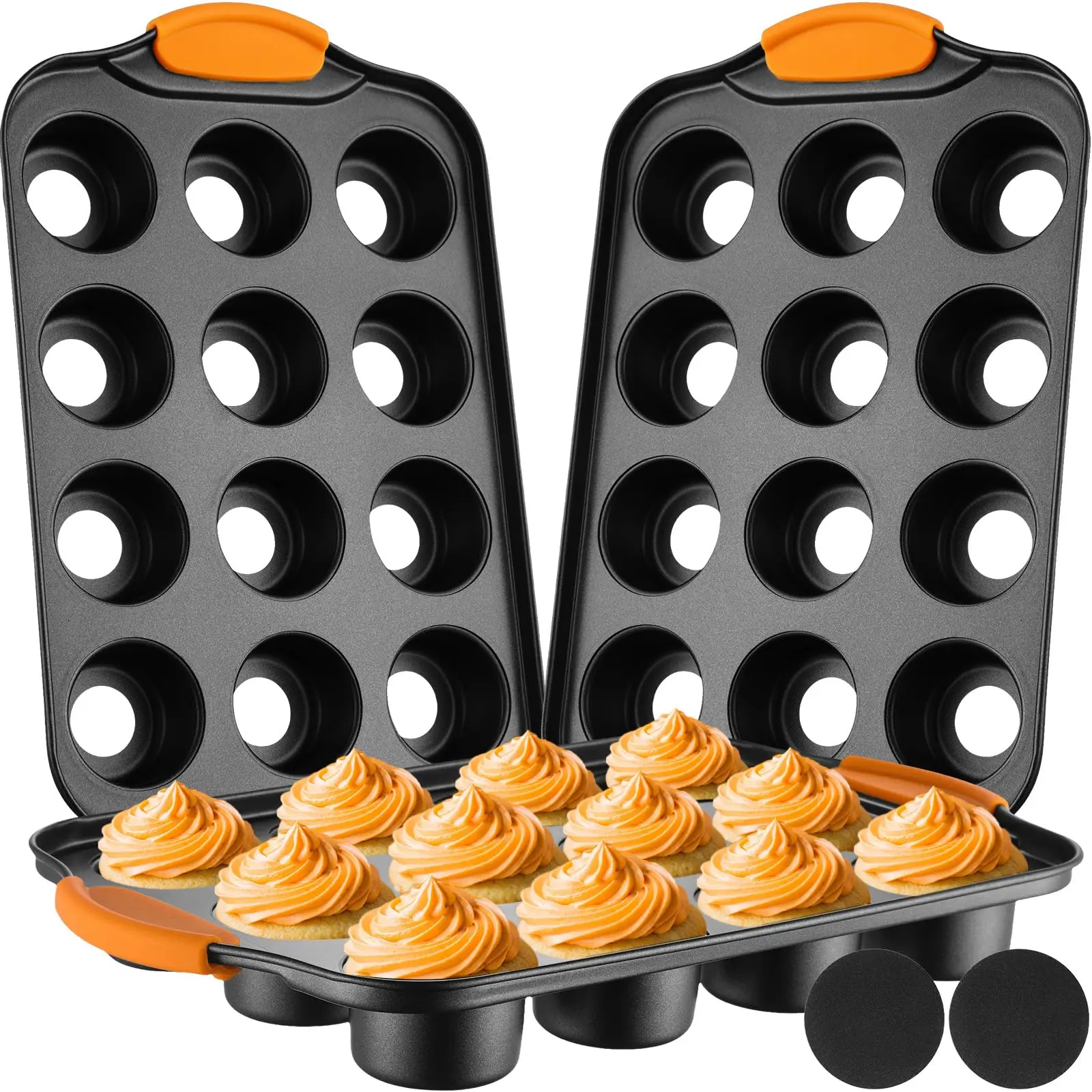 3 Pack Mini Cheesecake Pans Removable Bottom 12 Cavity Cupcake Pan With Silicone Handle Nonslip Anti Heat Nonstick Carbon Steel Muffin Mold 13" X 8" Baking Molds(orange)