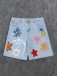 Men's Casual Denim Shorts, Colorful Cartoon Print, Smiley Face & Floral Combo, Soft Comfortable Fabric, Vintage Graffiti Style