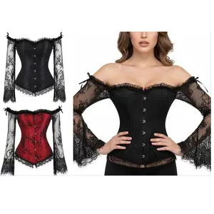 Sexy girl's tight corset with lace sleeves, sexy woman's bodysuit, off-shoulder bodysuit
