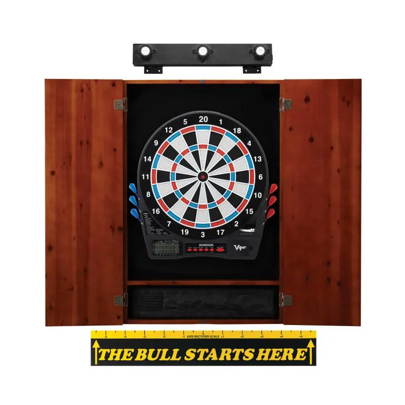 Viper Showdown Electronic Darts Board Bundle with Metropolitan Cinnamon Cabinet, Throw Line Marker & Shadow Buster Dartboard Light, Classic, Durability, Game Night, Thermoplastic, Regulation Board