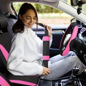 41-Piece Car Interior Upgrade Set for Women: Polyester Seat Covers + PU Leather Steering Wheel Cover, with Armrest Pad Cover, Shoulder Pads, Cup Pads, Gear Shift Cover, Decorative Rings & Strips – Full Interior Upgrade Kit