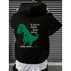 Men's Cartoon Dinosaur & Letter Print Drop Shoulder Hoodie, Fashion Casual Loose Drawstring Pocket Hooded Sweatshirt for Daily Holiday Outdoor Wear, Men Clothes for Spring & Fall, Mens Clothing