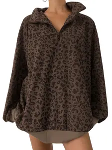 Women's Comfortable Fitted Casual Everyday Spring Homewear Long Sleeve Zipper Leopard Print Sweatshirt, Ladies Home Clothing Top