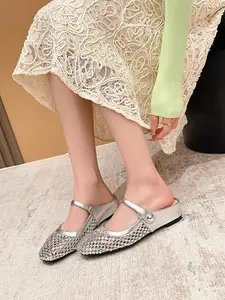 Sexy Hollow Out Mesh Draped Height Increasing Fairy Style Square Toe Strap Flat Walking Shoes, Casual Spring & Fall Women's Footwear Ballet Flats