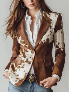 Retro cowhide printed eco-friendly suede sports jacket | Women's western cowhide leather jacket | Sustainable cowhide printed jacket