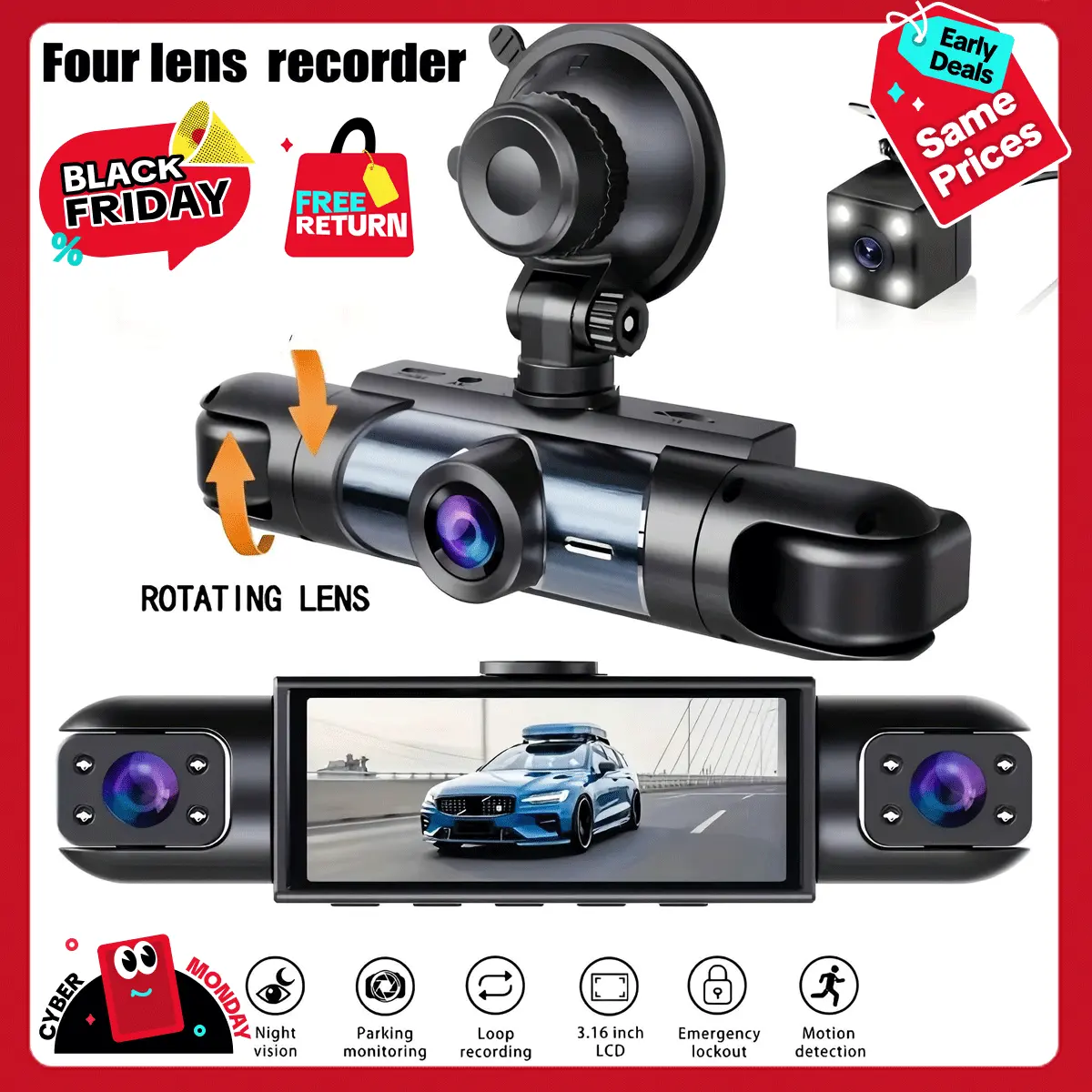 Nuokaiqi 4-Channel Automotive DVR Camera Dashcam - 1080P Front, 720P Left/Right/Rear, 3.16 Inch Display, Night-Clear Vision, Motion Detect, Loop Recording, USB-C HD Security Camera, Vehicle Accessory for Cars, Minivans,toolupgrade