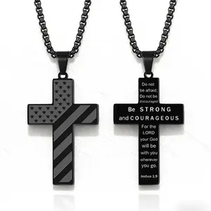 Cross Pendant Necklace with Double-Sided Engraved Text & Flag Design – Meaningful Gift for Him or Her, Perfect for Special Occasions and Everyday Wear, Hip-Hop & Punk Style hip hop