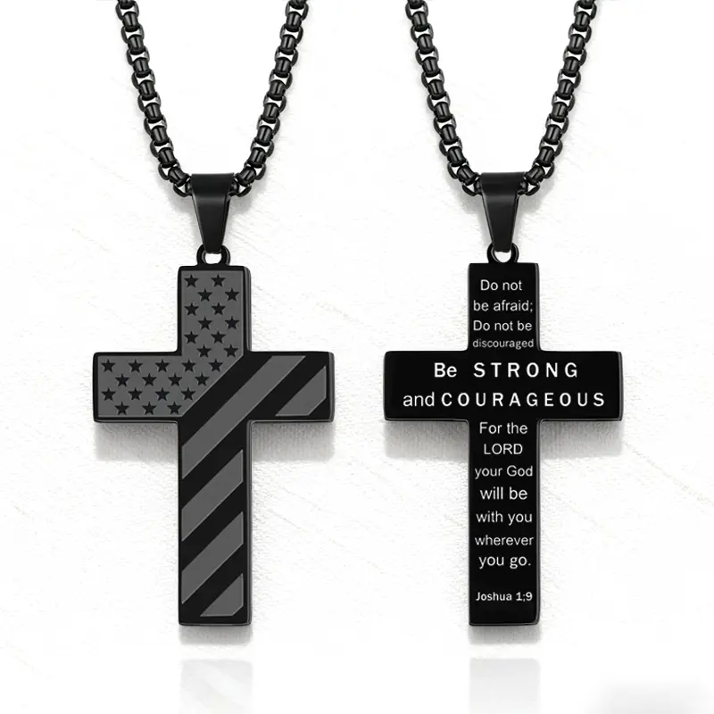 Cross Pendant Necklace with Double-Sided Engraved Text & Flag Design – Meaningful Gift for Him, Her & Kids, Perfect for Special Occasions, Everyday Wear & Children’s Day Gift, Hip-Hop & Punk Style