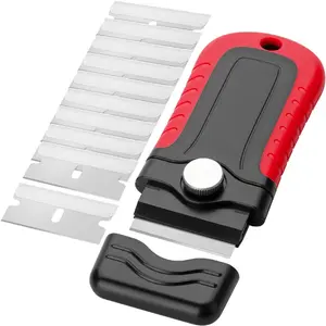Razor Blade Scraper, Red, Locking Set with 10 Extra Stainless Steel Blades-for Window, Glass and Paint Cleaning