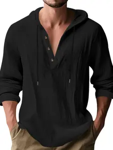 Men's Spring ＆ Summer Outfits Solid Color Classic Hooded Henley Shirt, Long Sleeve Textured Cotton Linen Blend, Button Placket & Drawstring Hood, Casual Beach Top for Vacation & Daily Wear