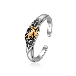 CHIC & ARTSY 925 Sterling Silver Frog on Leaf Ring – Adjustable Open Animal Ring for Women, Nature-Inspired Lucky Jewelry