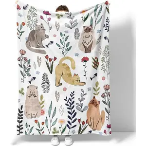 Cat Throw Blanket Floral Flower Blankets Gift for Cat Lover Throw Blanket Cats Themed Flannel Cozy Fuzzy Plush Blankets for Bed Chair Couch 50" X 60"