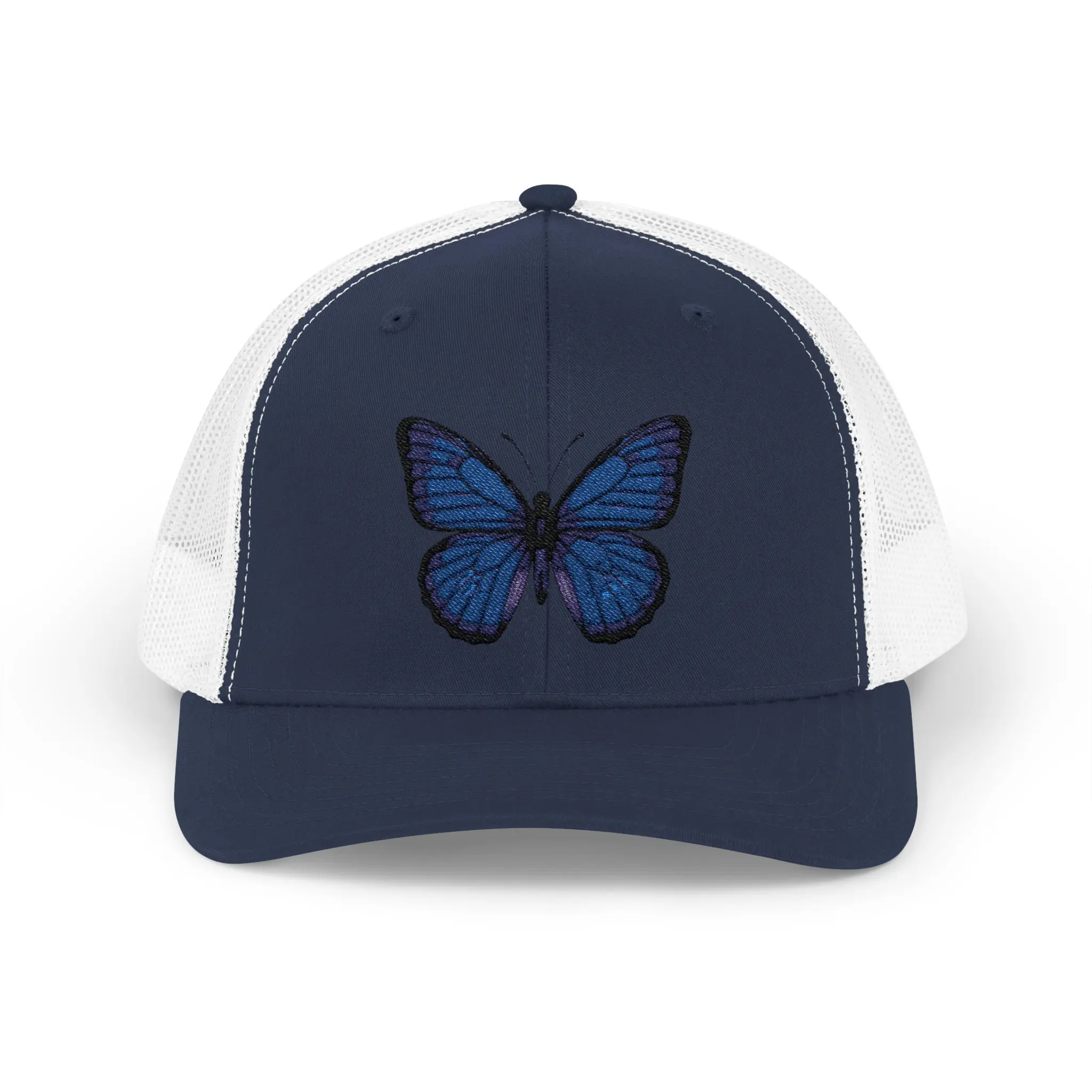 Navy/White Butterfly Embroidered Snapback Trucker Cap, Stylish Everyday Hat, Outdoor Cap, Unisex Headwear, Gift for Nature Lovers