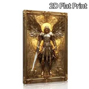 2D Flat 1pc Archangel Michael Golden Wings Metal Tin Sign, 8x12 Inch Vintage Art Decor Poster, Pre-Drilled for Easy Hanging,  Outdoor Plaque, No Electricity Needed, Metal Wall Art Decor Ideal for Home, Garage, Club, Restaurant Wall Decor,