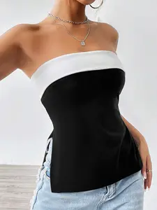Women's Colorblock Backless Split Side Tube Top, Fashion Casual Strapless Fit Top for Summer, Womenswear for Daily Wear