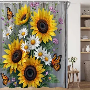 Sunflower Butterfly Print Shower Curtain, 70.9x70.9 Inches, Polyester Fabric, Easy to Clean, Includes 12 Hooks, Bathroom Decor
