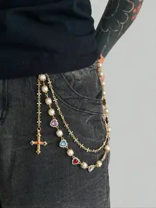 ZYNE Vintage Glamorous Multi-Color Rhinestone Imitation Pearl Pants Chain, Men's Unique Punk Aesthetic Hip Hop Cross Body Chain for Stylish Decoration, Unique Accessory