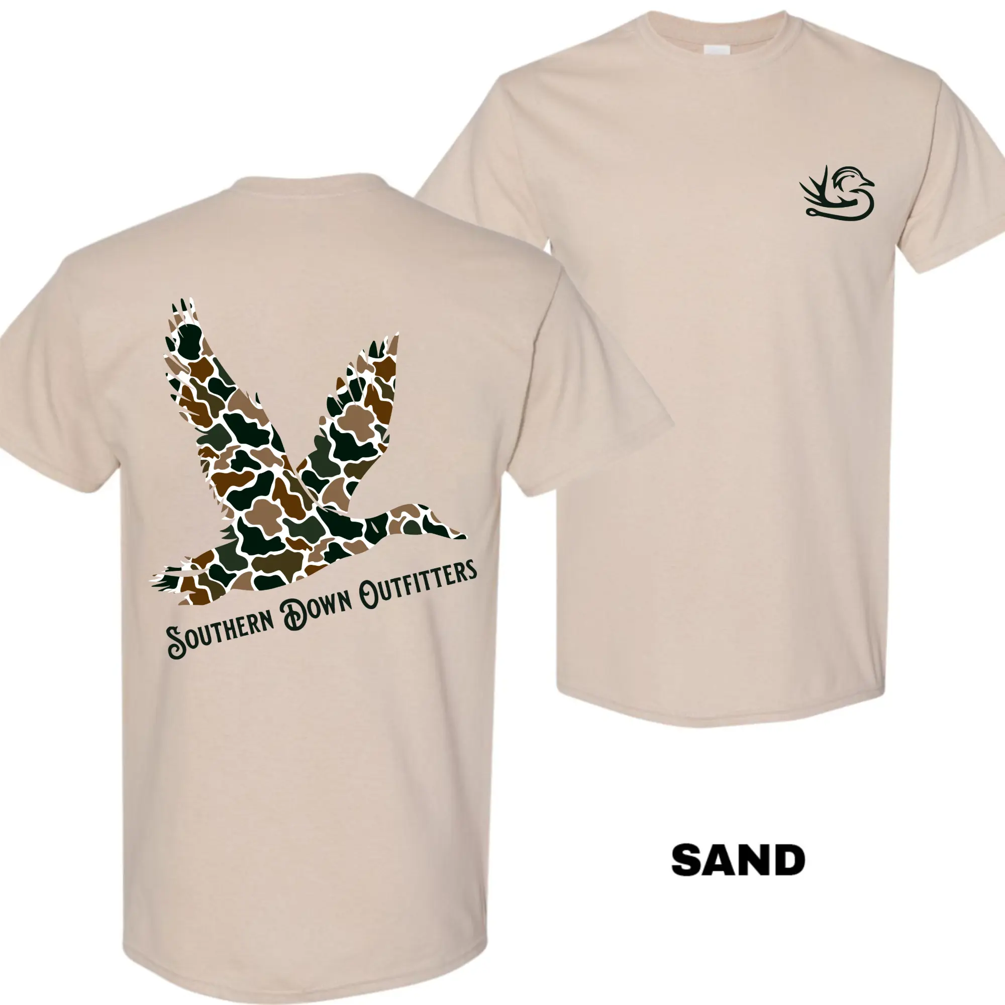 Southern Down Outfitters Camo Mallard T-Shirt, Double Sided Duck Hunting Graphic Tee, Southern Outdoor Casual Shirt for Men and Women, Menswear Top
