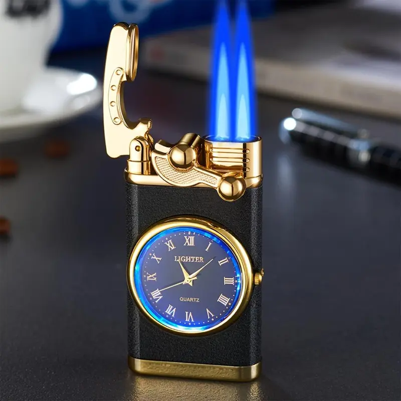 (Butane Gas Not Included) Dual Flame Windproof Adjustable Flame Blue Vintage Pocket Mini Butane Refillable Metal Lighter - Portable, Nicotine-Free Lighter Accessory for Heavy-Duty Outdoor Activities, Home Supplies Igniter