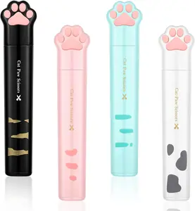 Set of 4 Cute Mini Cartoon Cat Paw Stainless Steel Craft Scissors: Foldable stationery shears featuring a safety cover; portable and perfect for cutting paper, scrapbooking, and various crafting projects.