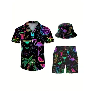 Men's 3-Piece Retro Hawaiian Fashion Clothes Set - Elastic Sleeved Beach Outfit with Pockets, Printed Shirt, Beach Shorts, Fisherman Bucket Hat for Casual Neon Parties