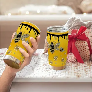 1pc 600ml/20oz Glam Jeweled Bee and Flowers Pattern 304 Stainless Steel Insulated Travel Flask Tumbler, Large-Capacity Kitchenware Drinkware Ideal for Bee Lovers and Luxurious Decorative Gifting, Flasks