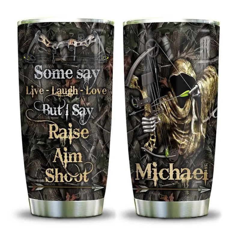 Bow Hunting Raise Aim Shoot Tumbler 20oz, Personalized Stainless Steel Cup, Custom Name Bowhunter Gift, Archery Hunting Drinkware, Outdoorsman Travel Tumbler, Hunting Season Gift for Dad, Husband & Bowhunters